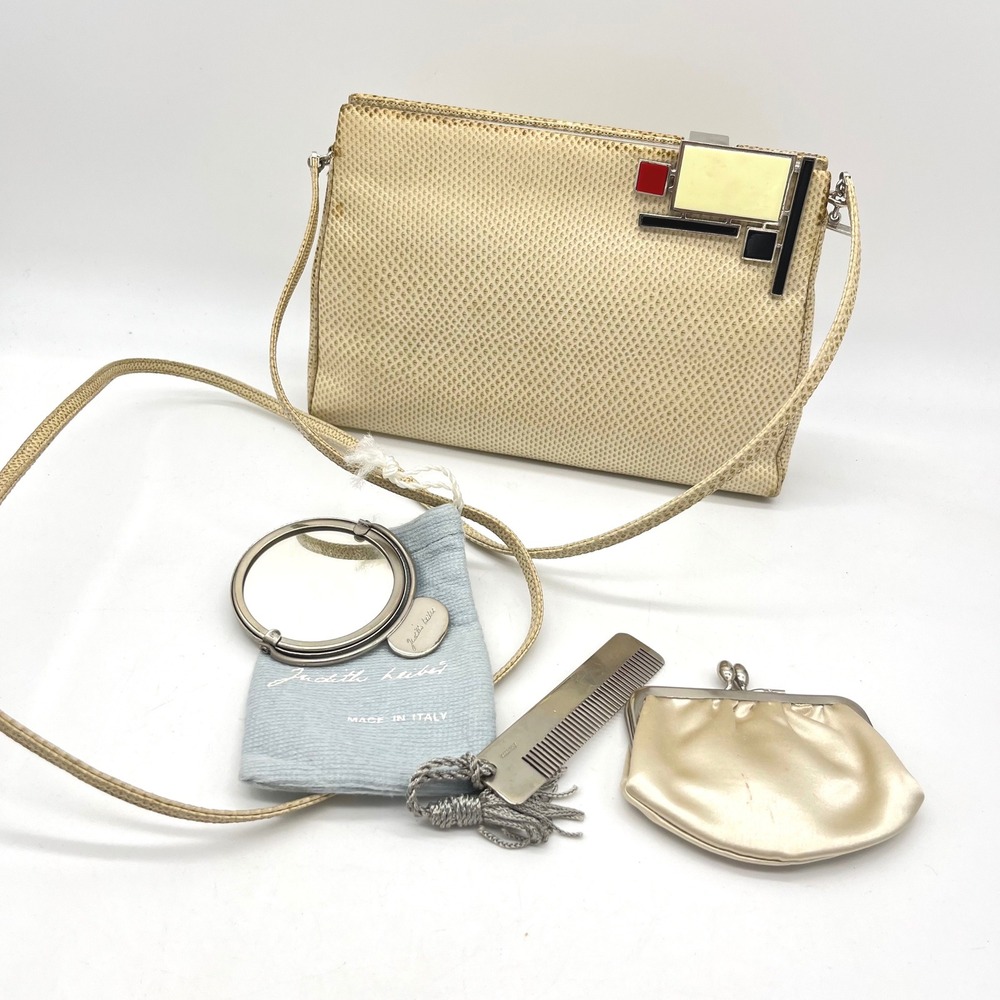 Judith Leiber Vintage Karung Lizard Mondrian Clasp Shoulder Bag Cream